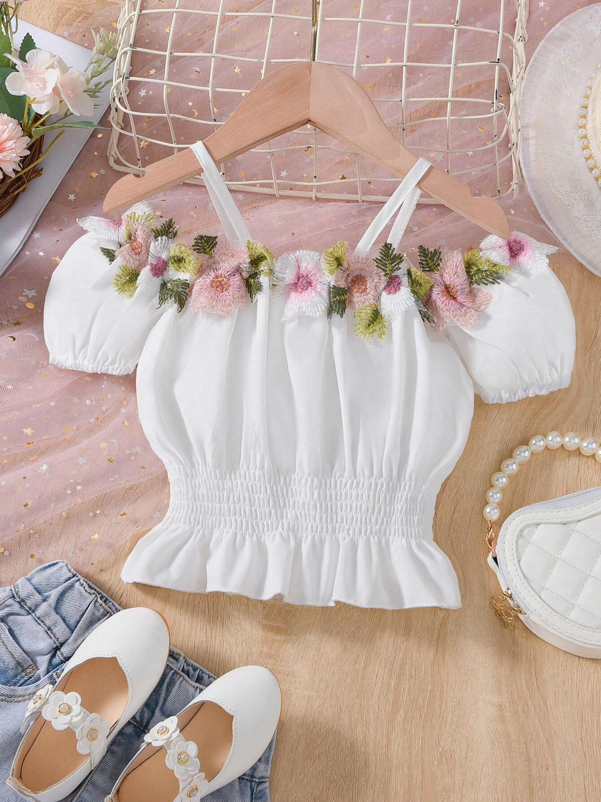 Young Girl Summer Casual Tassel Detail Ruffle Trim Blouse