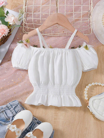 Young Girl Summer Casual Tassel Detail Ruffle Trim Blouse