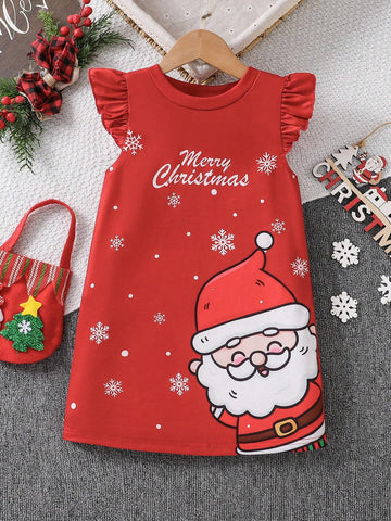 Young Girl Summer Christmas Slogan Print Round Neck Cap Sleeve Cute Dress