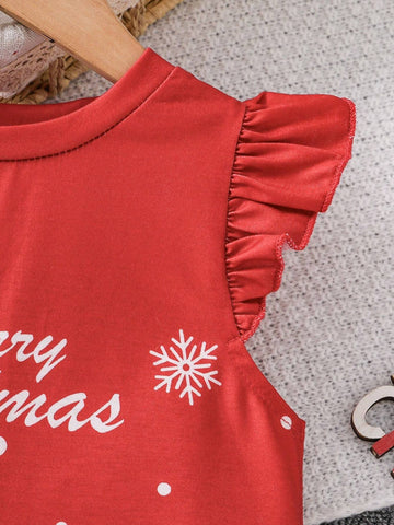 Young Girl Summer Christmas Slogan Print Round Neck Cap Sleeve Cute Dress