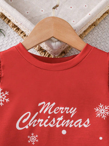 Young Girl Summer Christmas Slogan Print Round Neck Cap Sleeve Cute Dress