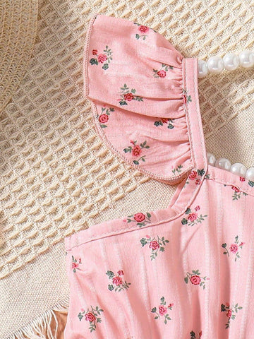 Young Girl Summer Ditsy Floral Square Collar Ruffled Hem Blouse