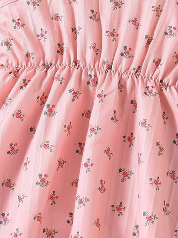 Young Girl Summer Ditsy Floral Square Collar Ruffled Hem Blouse