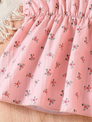 Young Girl Summer Ditsy Floral Square Collar Ruffled Hem Blouse