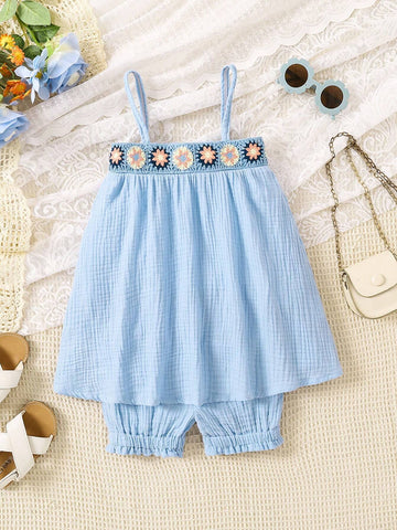 Young Girl Summer Holiday Crochet Splice Cami Top And Shorts Set
