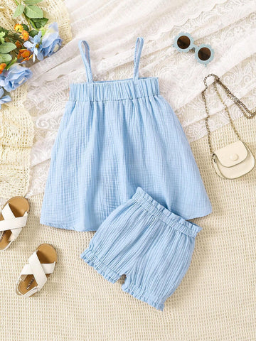 Young Girl Summer Holiday Crochet Splice Cami Top And Shorts Set