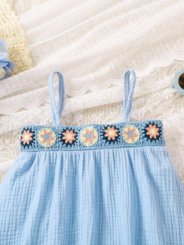 Young Girl Summer Holiday Crochet Splice Cami Top And Shorts Set