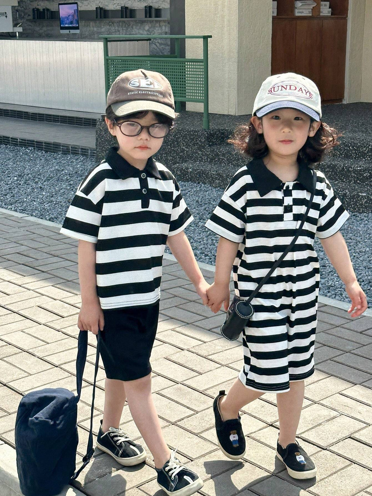 Young Girl Summer Polo Collar Short Sleeve Striped Dress Simple And Fashionable Style With Duckbill Cap For Travel And Back-To-School Season, Versatile
