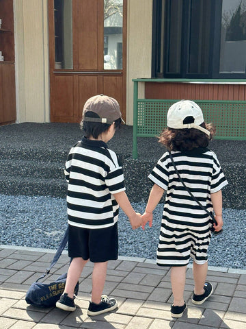 Young Girl Summer Polo Collar Short Sleeve Striped Dress Simple And Fashionable Style With Duckbill Cap For Travel And Back-To-School Season, Versatile