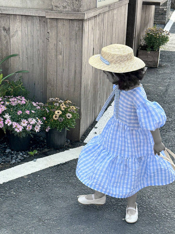 Young Girl Summer Round Neck Short Puff Sleeve Grid Dress With Ruffle Hem, Perfect For Summer Holidays And Back To School