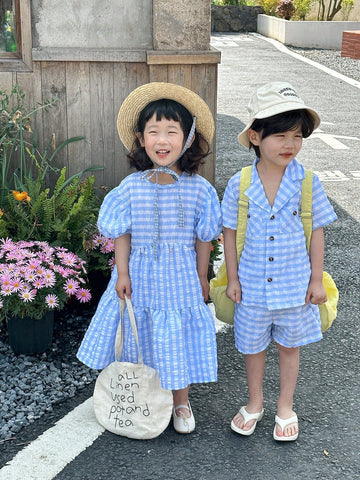 Young Girl Summer Round Neck Short Puff Sleeve Grid Dress With Ruffle Hem, Perfect For Summer Holidays And Back To School