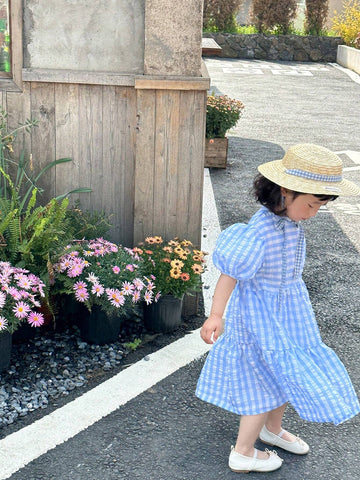 Young Girl Summer Round Neck Short Puff Sleeve Grid Dress With Ruffle Hem, Perfect For Summer Holidays And Back To School