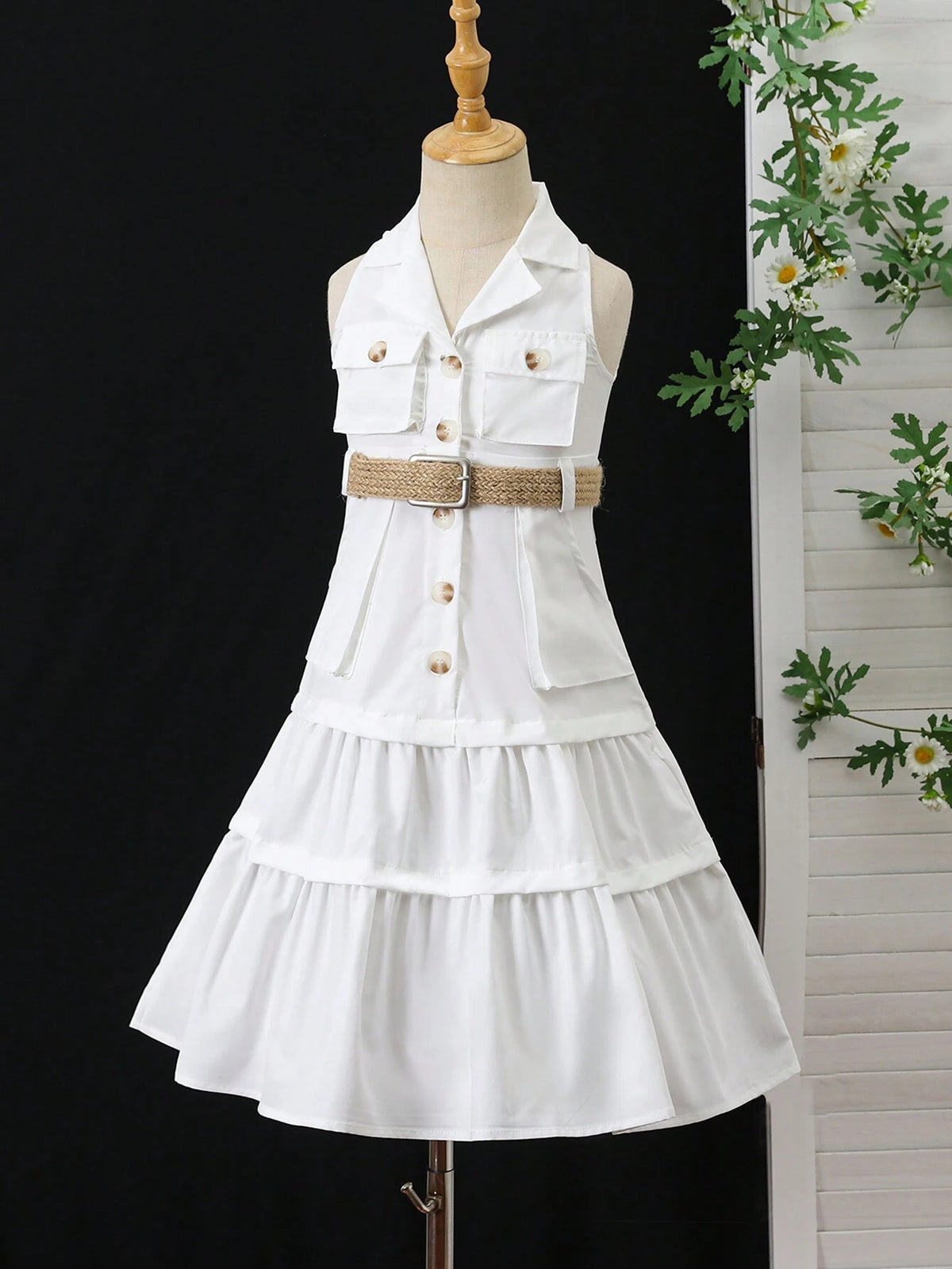 Young Girl Summer Sleeveless Solid Color Front Buttoned Casual Dress