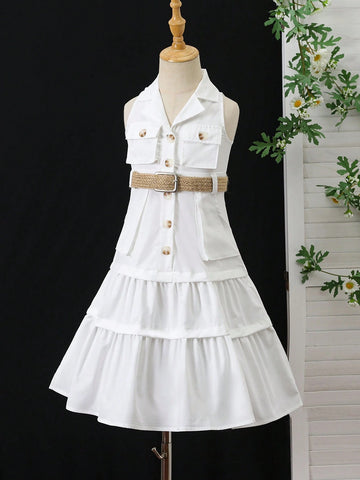 Young Girl Summer Sleeveless Solid Color Front Buttoned Casual Dress