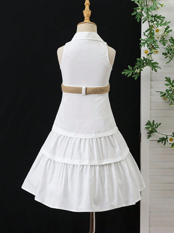 Young Girl Summer Sleeveless Solid Color Front Buttoned Casual Dress