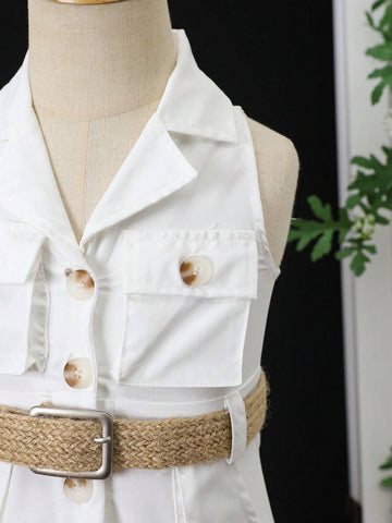 Young Girl Summer Sleeveless Solid Color Front Buttoned Casual Dress