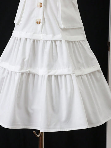 Young Girl Summer Sleeveless Solid Color Front Buttoned Casual Dress
