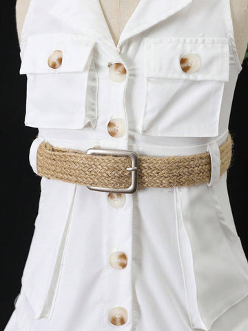 Young Girl Summer Sleeveless Solid Color Front Buttoned Casual Dress