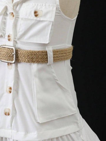 Young Girl Summer Sleeveless Solid Color Front Buttoned Casual Dress