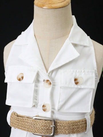 Young Girl Summer Sleeveless Solid Color Front Buttoned Casual Dress