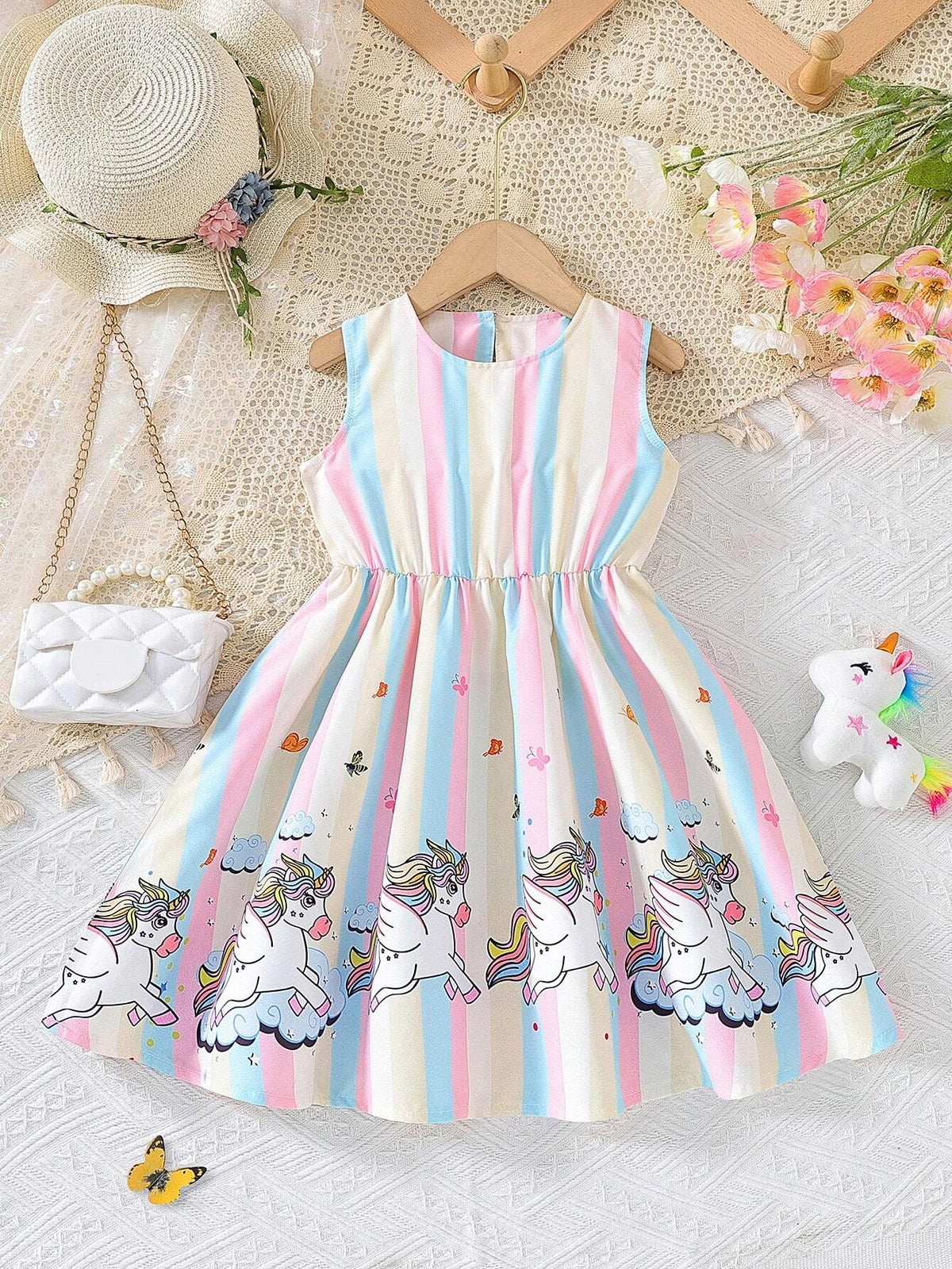 Young Girl Summer Striped Unicorn Printed Sleeveless Dress