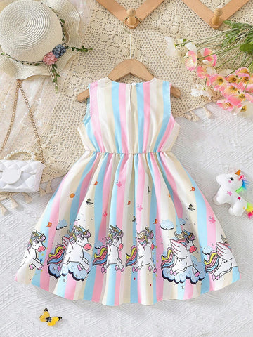 Young Girl Summer Striped Unicorn Printed Sleeveless Dress