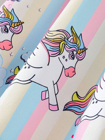 Young Girl Summer Striped Unicorn Printed Sleeveless Dress