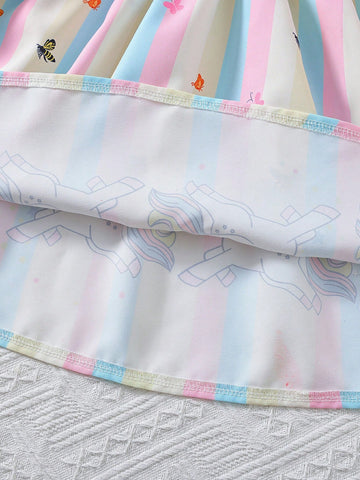 Young Girl Summer Striped Unicorn Printed Sleeveless Dress