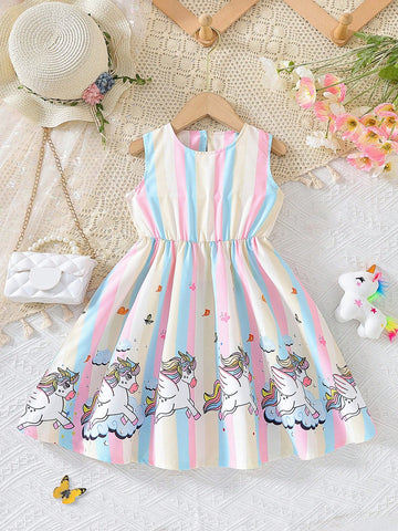 Young Girl Summer Striped Unicorn Printed Sleeveless Dress