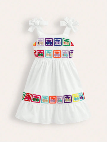 Young Girl Sweet Cherry Print Shoulder Knot Sleeveless Fashion Dress