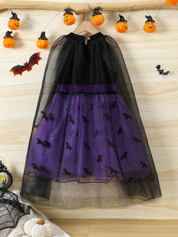 Young Girl Sweet Elegant Velvet 3D Embroidered Bat Wing Cloak Dress, Suitable For Halloween, Travel, Shopping, Holiday, Party, Daily Wear, Spring, Autumn, Winter