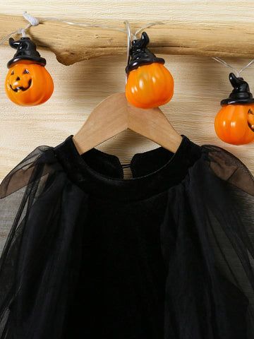 Young Girl Sweet Elegant Velvet 3D Embroidered Bat Wing Cloak Dress, Suitable For Halloween, Travel, Shopping, Holiday, Party, Daily Wear, Spring, Autumn, Winter