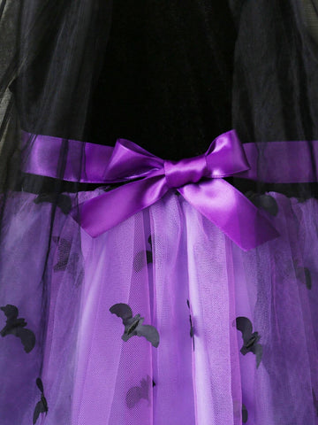 Young Girl Sweet Elegant Velvet 3D Embroidered Bat Wing Cloak Dress, Suitable For Halloween, Travel, Shopping, Holiday, Party, Daily Wear, Spring, Autumn, Winter