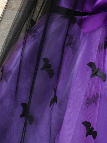 Young Girl Sweet Elegant Velvet 3D Embroidered Bat Wing Cloak Dress, Suitable For Halloween, Travel, Shopping, Holiday, Party, Daily Wear, Spring, Autumn, Winter