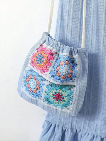 Young Girl Sweet Jacquard Knitted Floral Pattern Cami Straight Dress + Matching Handbag