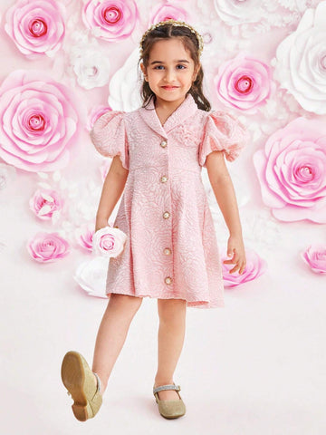 Young Girl Sweet Jacquard Puff Sleeve Button Up Elegant Dress
