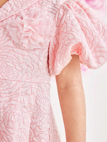 Young Girl Sweet Jacquard Puff Sleeve Button Up Elegant Dress