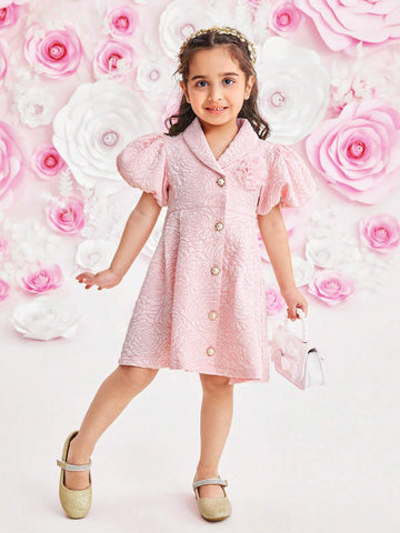 Young Girl Sweet Jacquard Puff Sleeve Button Up Elegant Dress