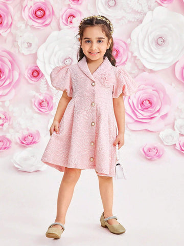Young Girl Sweet Jacquard Puff Sleeve Button Up Elegant Dress