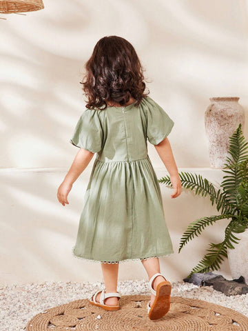 Young Girl Sweet Lovely Embroidery Detail Puff Sleeve Summer Dress