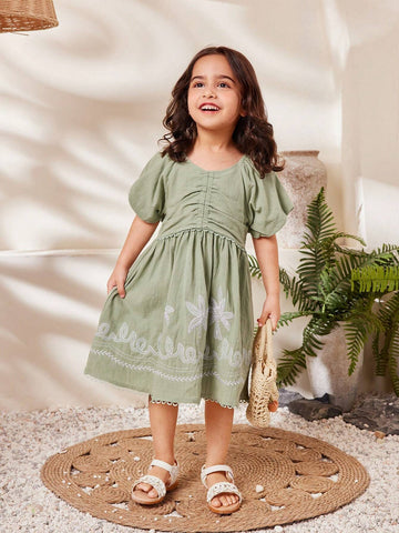 Young Girl Sweet Lovely Embroidery Detail Puff Sleeve Summer Dress