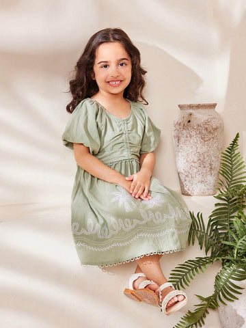 Young Girl Sweet Lovely Embroidery Detail Puff Sleeve Summer Dress