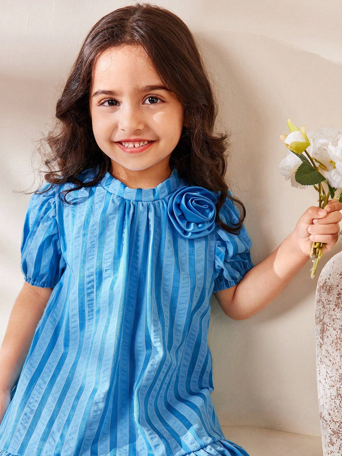 Young Girl Sweet Lovely Striped Puff Sleeve 3D Flower Patched Summer Dress