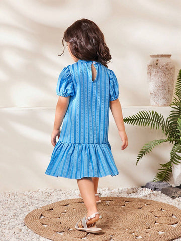 Young Girl Sweet Lovely Striped Puff Sleeve 3D Flower Patched Summer Dress
