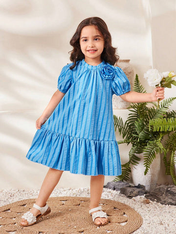 Young Girl Sweet Lovely Striped Puff Sleeve 3D Flower Patched Summer Dress