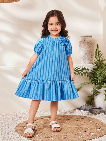 Young Girl Sweet Lovely Striped Puff Sleeve 3D Flower Patched Summer Dress