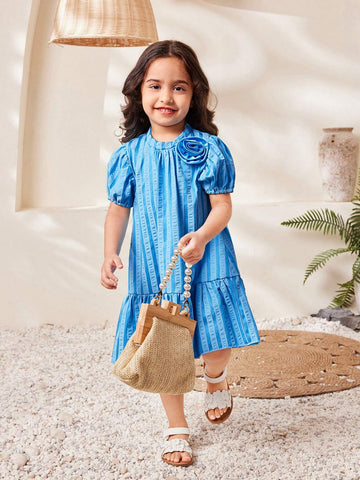 Young Girl Sweet Lovely Striped Puff Sleeve 3D Flower Patched Summer Dress