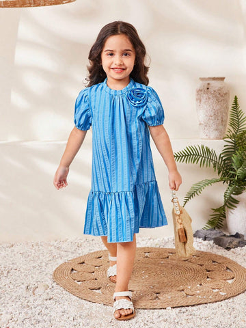 Young Girl Sweet Lovely Striped Puff Sleeve 3D Flower Patched Summer Dress