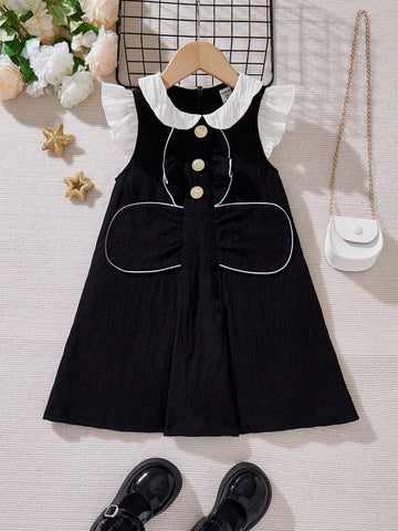 Young Girl Sweetheart Color Block Doll Collar Midi Dress With Short Flying Sleeve