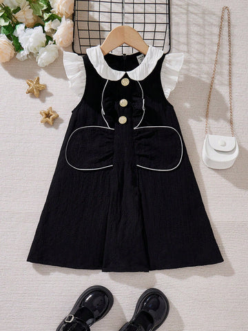 Young Girl Sweetheart Color Block Doll Collar Midi Dress With Short Flying Sleeve